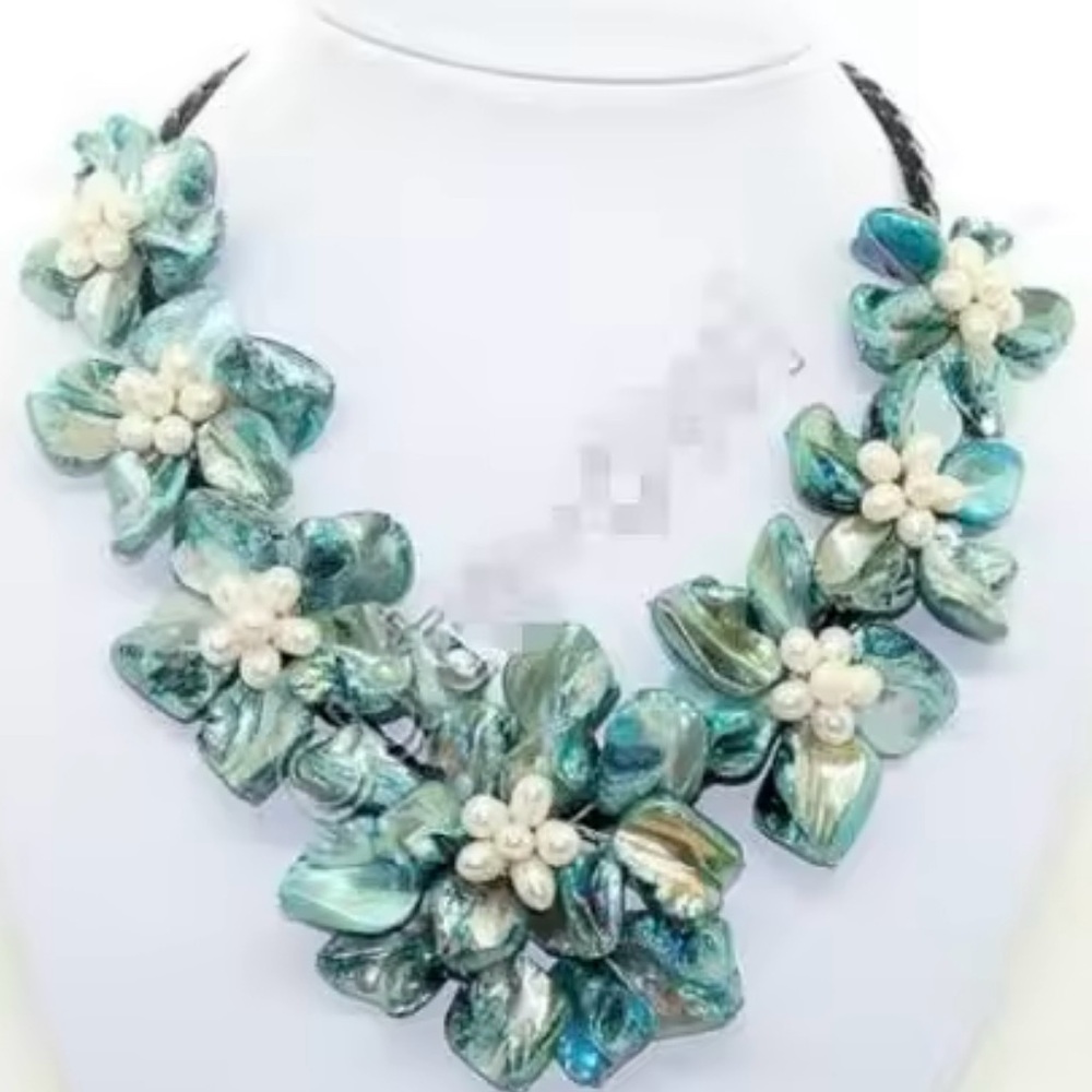 Blue/Teal Floral Necklace - Turtle Shell